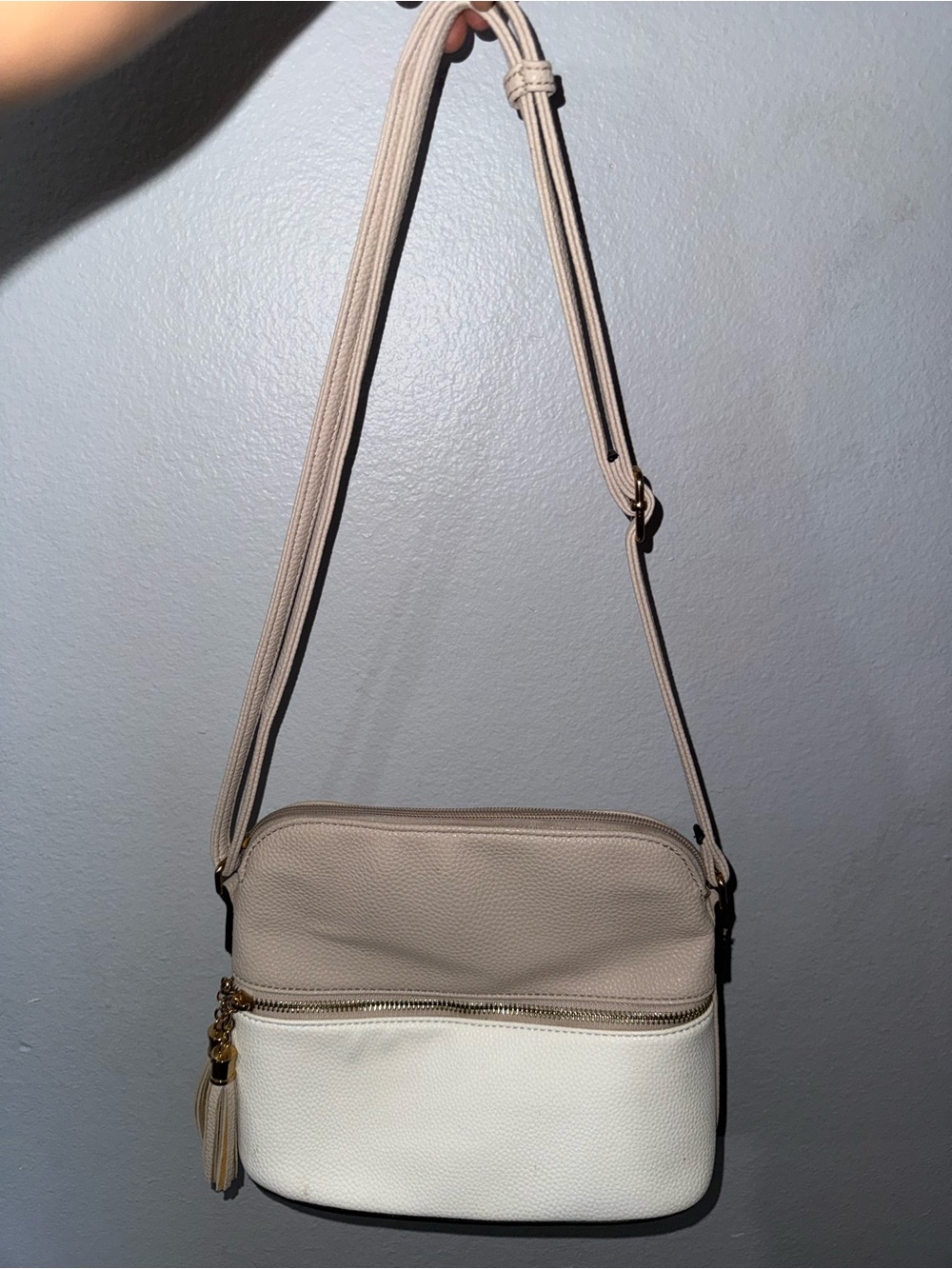 Beige and White Crossbody Bag - Minimal Leather Shoulder Bag